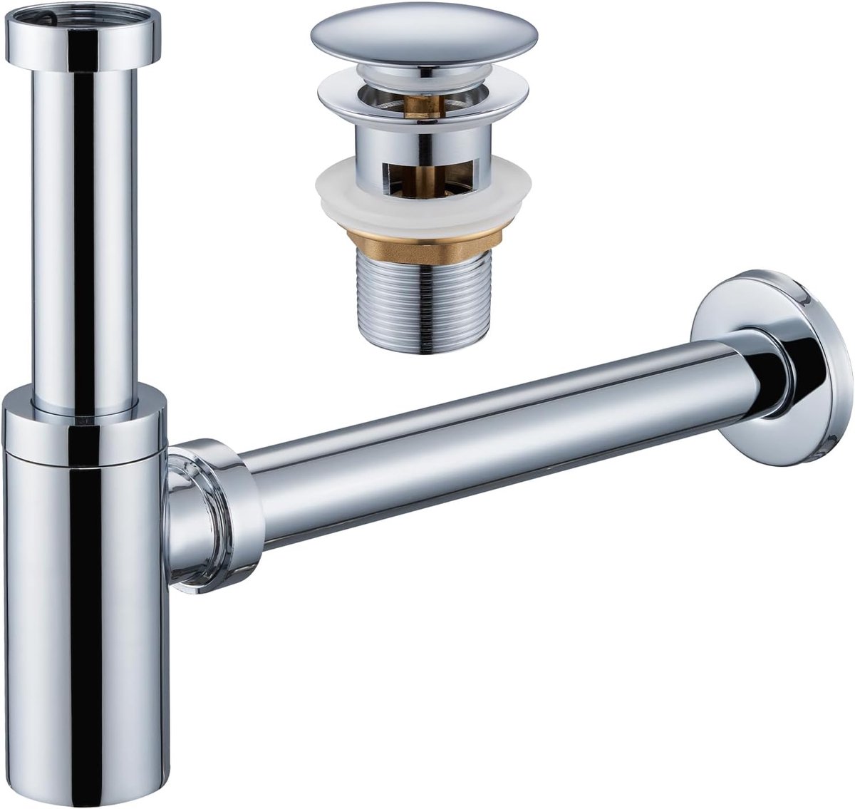 SnelShoppen - Design Siphon Afvoer met Ingebouwd Overloop - Universele Siphon voor Badkamer met Reinigingsgat en Afvoertap - Verstelbare Hoogte in Chr