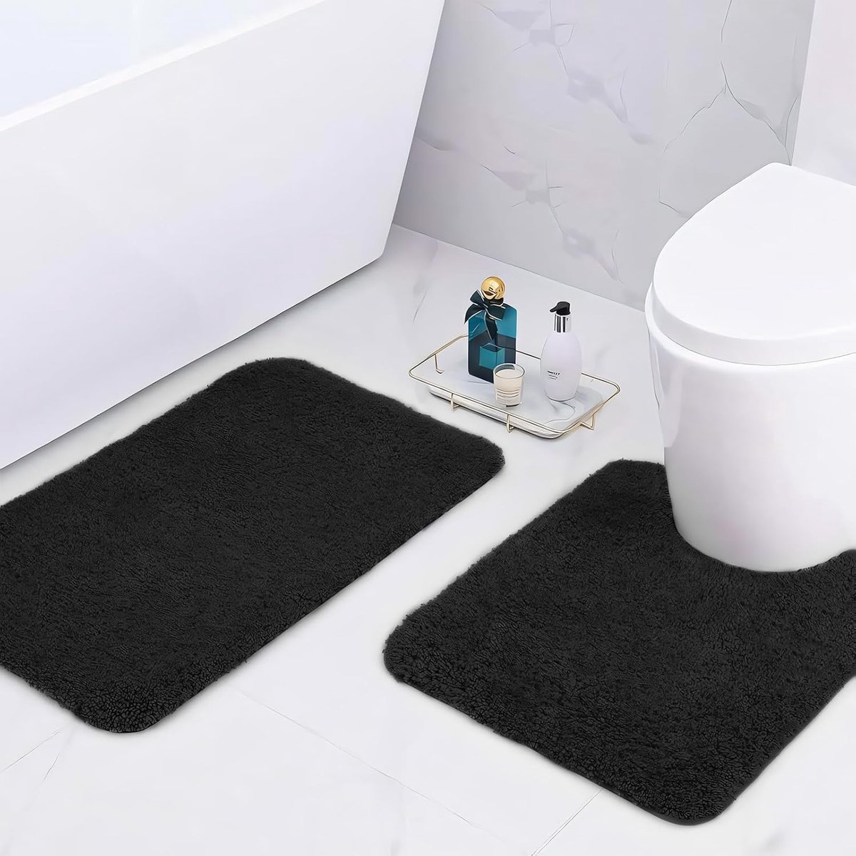 SnelShoppen - Super Dikke Microfibre Badmat 50 x 80 cm en 50 x 50 cm U-Vorm Zwart - Luxe Absorberende Badkamer Tapijt 2 cm Dikte