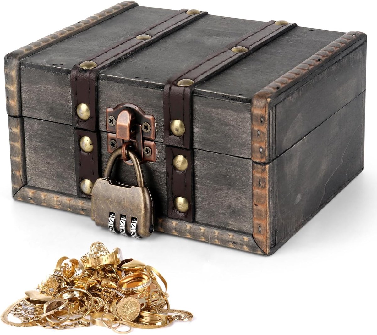 SnelShoppen - Vintage Houten Schatkist met Combinatielock, Unieke Houten Opbergdoos voor Kinderen, Retro Decoratie, 15x10x7.5 cm, Perfect voor Verjaar