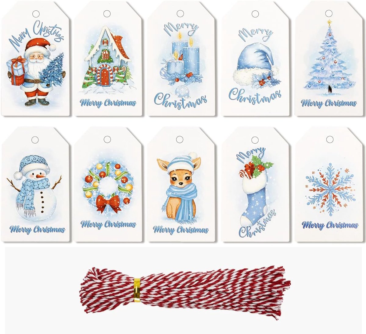 SnelShoppen - 100 stuks Kerst Gift Tags met Jute en Katoenen String, Blauwe Cadeau Labels voor Kerst, Feestdagen, DIY Craft, Decoratie voor Cadeaus en