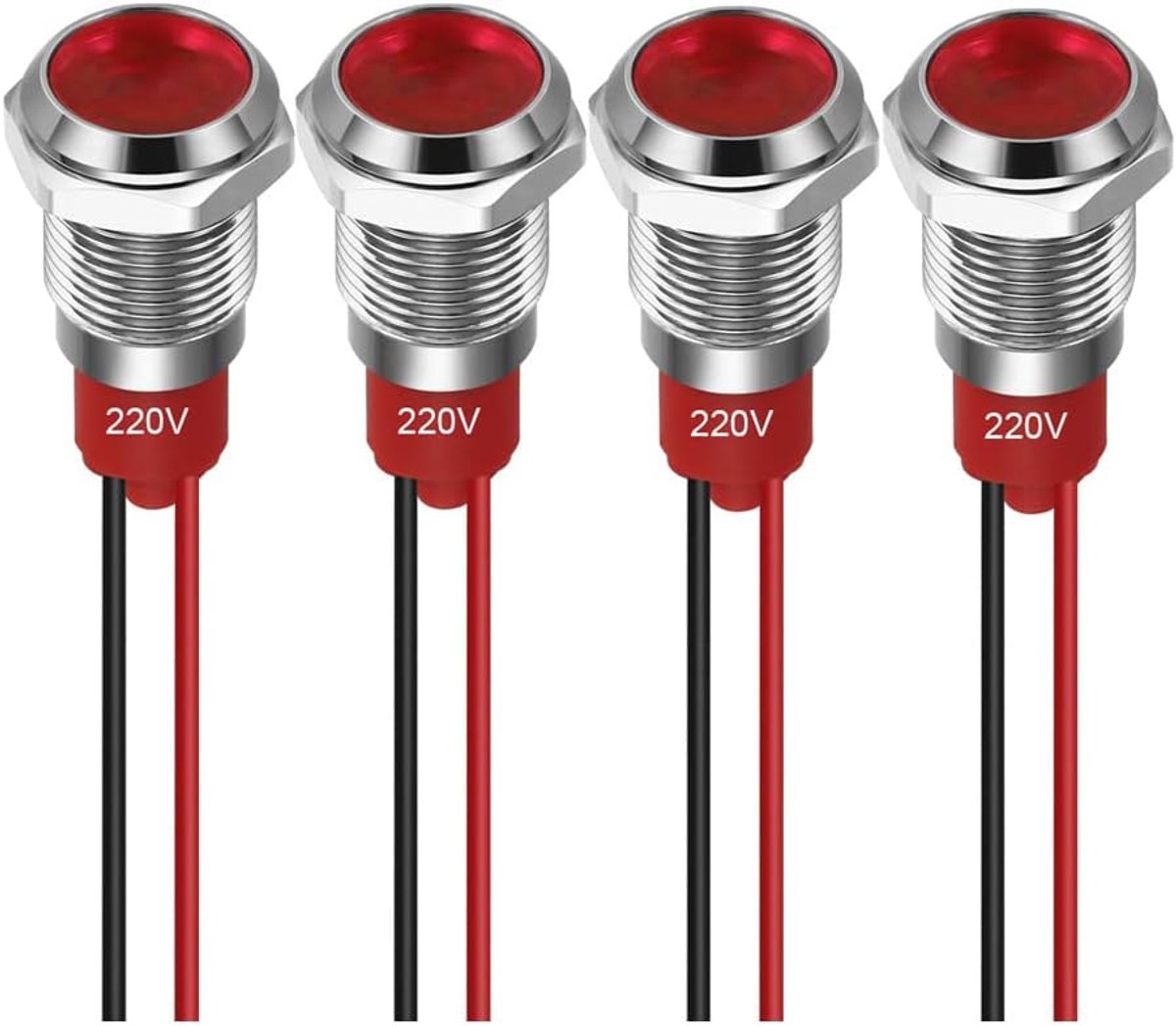 SnelShoppen - 4x 10mm LED Indicator Light Waterproof Signal Lamp AC 220-230V Rood Metalen Paneelmontage IP65 - Ideaal Voor Elektronica, Auto, Tuin, Ke