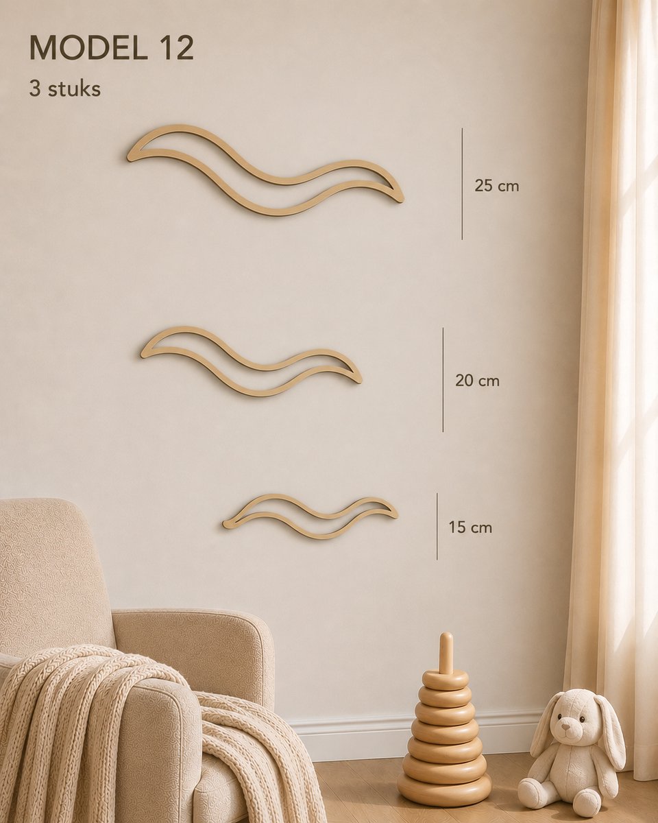 Houten Golven Wanddecoratie Babykamer – Set van 3 Houten Golven – Scandinavische Kinderkamer Decoratie – Natuurlijk Berkenhout – 15, 20 en 25 cm