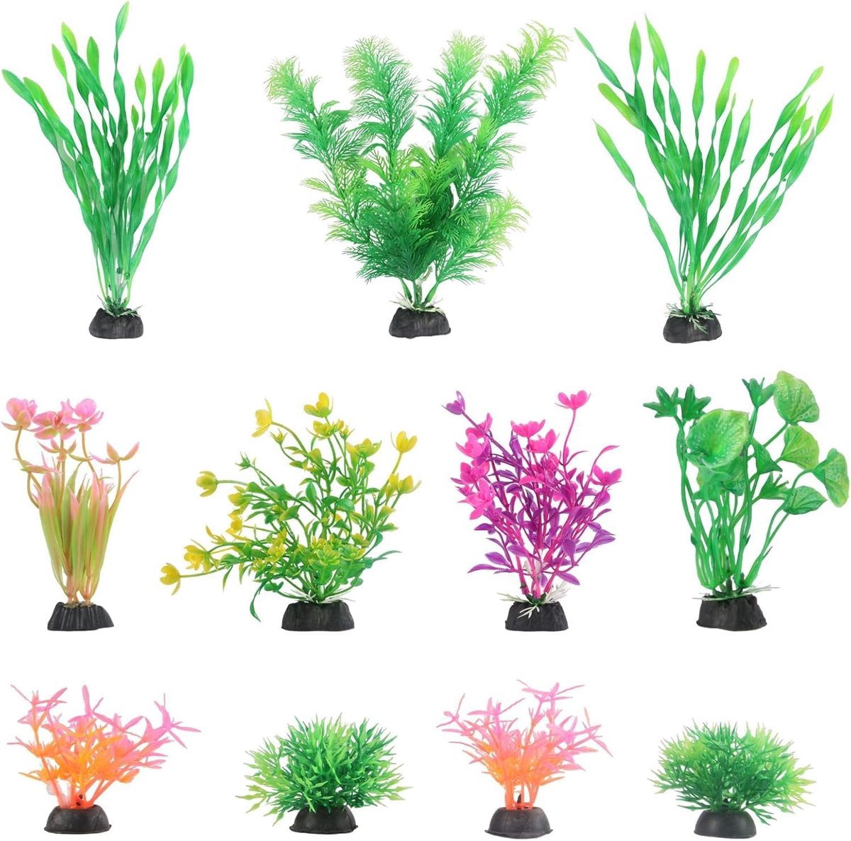 SnelShoppen - 11 Stuks Kunstplanten Aquariumdecoraties, Groene Kunststof Planten voor Zoet- en Zoutwater, Duurzame Ornamentenset met Stabiele Basis vo