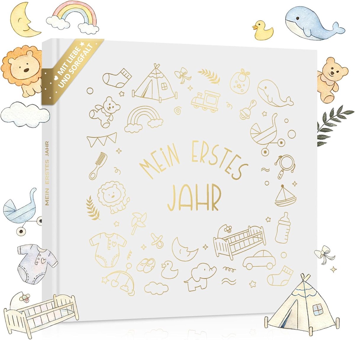 SnelShoppen - My First Year Baby Album - Hardcover, 120g Papier, 21x21cm, 25+ Foto's Plakken, 95 Pagina's, Geboorte Cadeau, Goud Foliedruk, Dubbele St