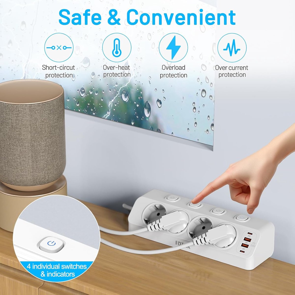 Thijox - Hoekopstelling Stekkerdoos met Overspanningsbeveiliging 4000W, 4 Onafhankelijke Schakelaars, USB-C PD20W Snelladen, 2M Kabel, Zwart Tafelstop