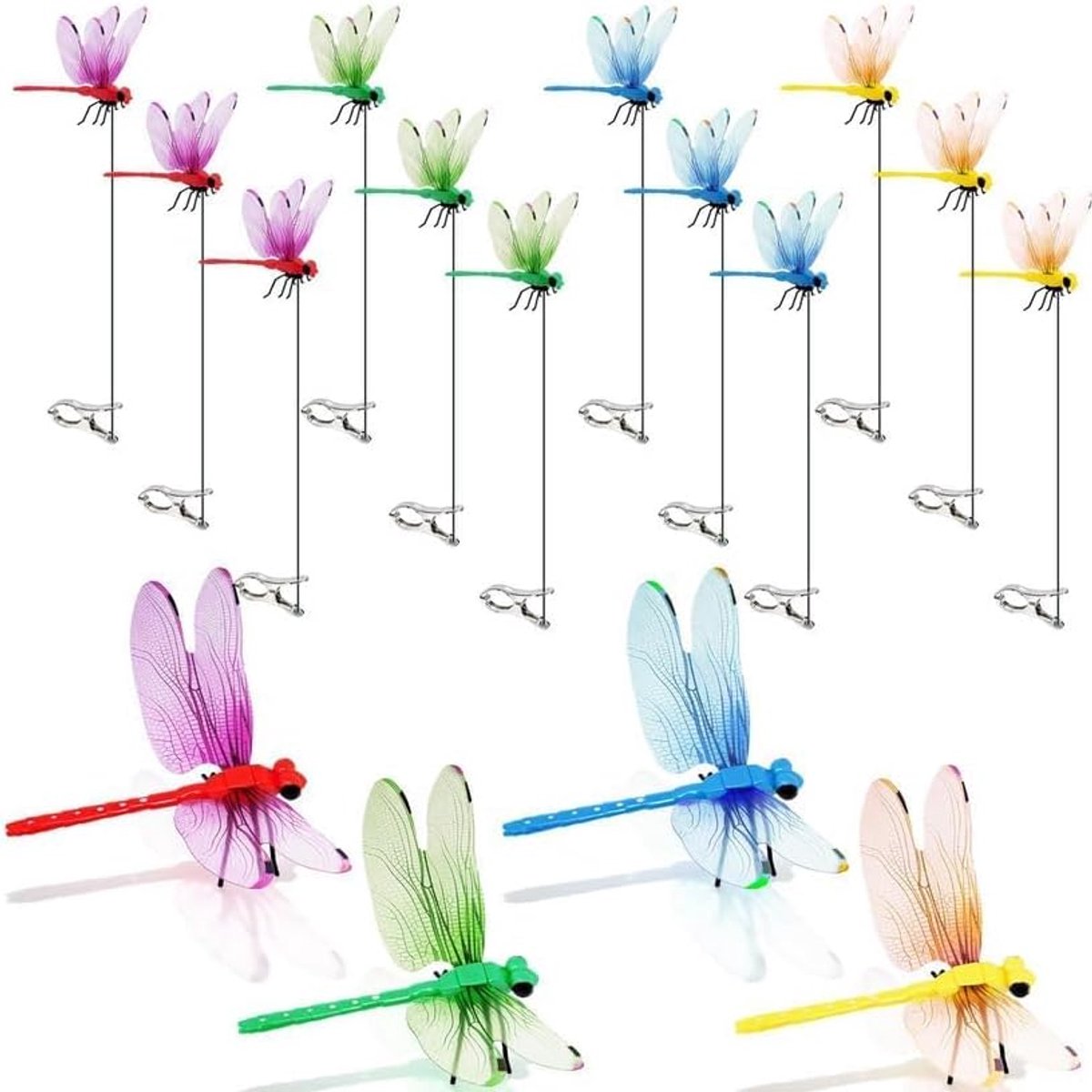 3D libellenclips - 12 stuks - Met stokjes - Buitendecoratie -Realistische plastic libellen - Tuindecoratie - Vliegenafweer - Voor hoed, huisdier, paard, hert - Binnen- en buitendecoratie - 31 cm- Rood, blauw, groen, geel