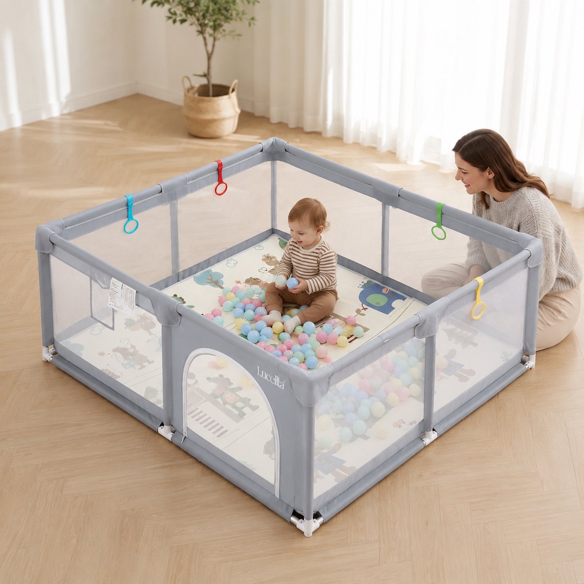 Lucellia® Grondbox Baby 120x160 cm – Speelbox met Dubbelzijdige Speelmat & 30 Speelballen – Kinderbox, Playpen & Baby Box – Draagtas – Licht Grijs – foto 2