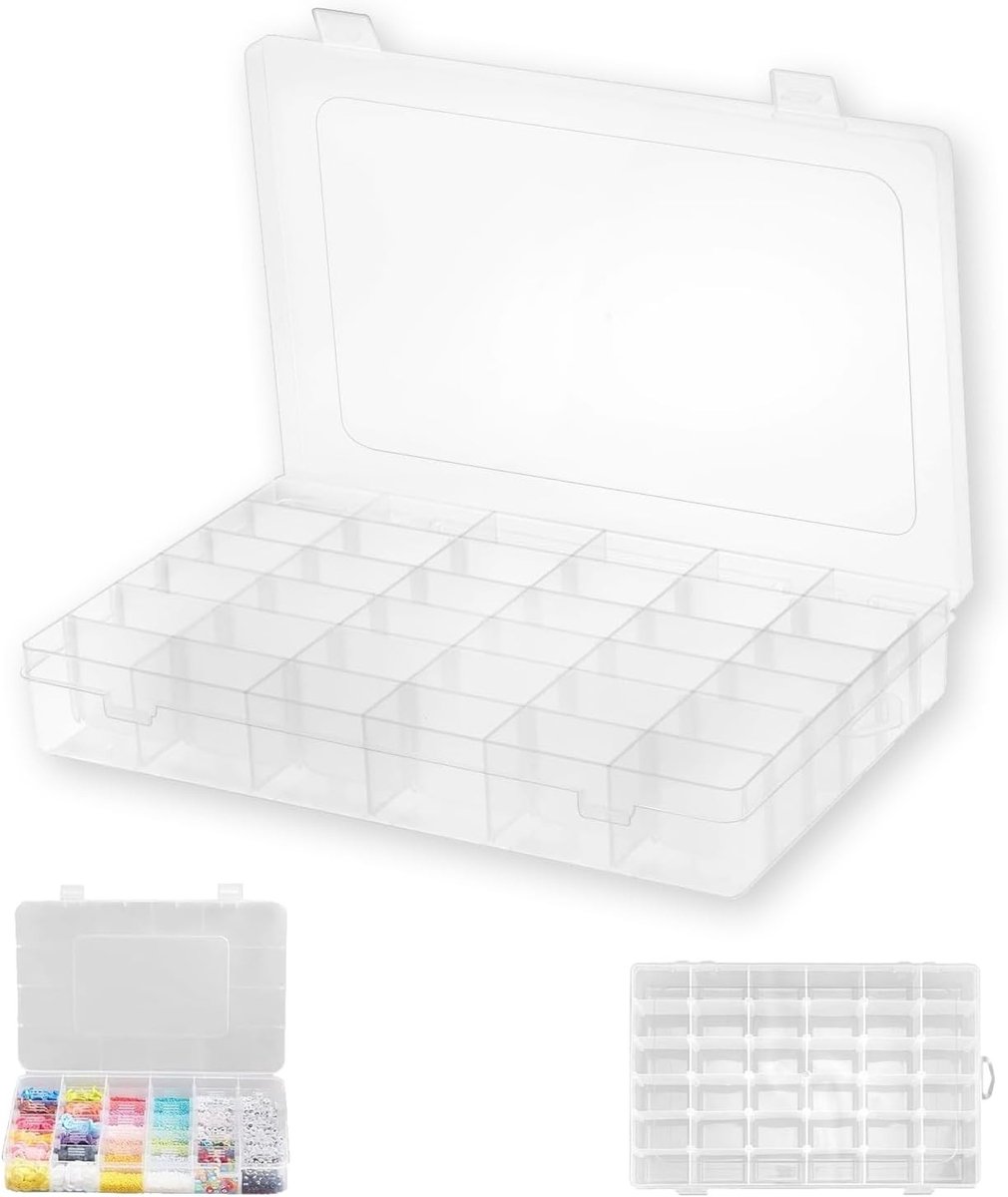 Opbergdoos met 36 vakken, transparante sorteerkoffer voor kleine onderdelen, stapelbaar en verstelbaar voor het opslaan van kralen, knopen, visaccessoires, schroeven en sieraden.