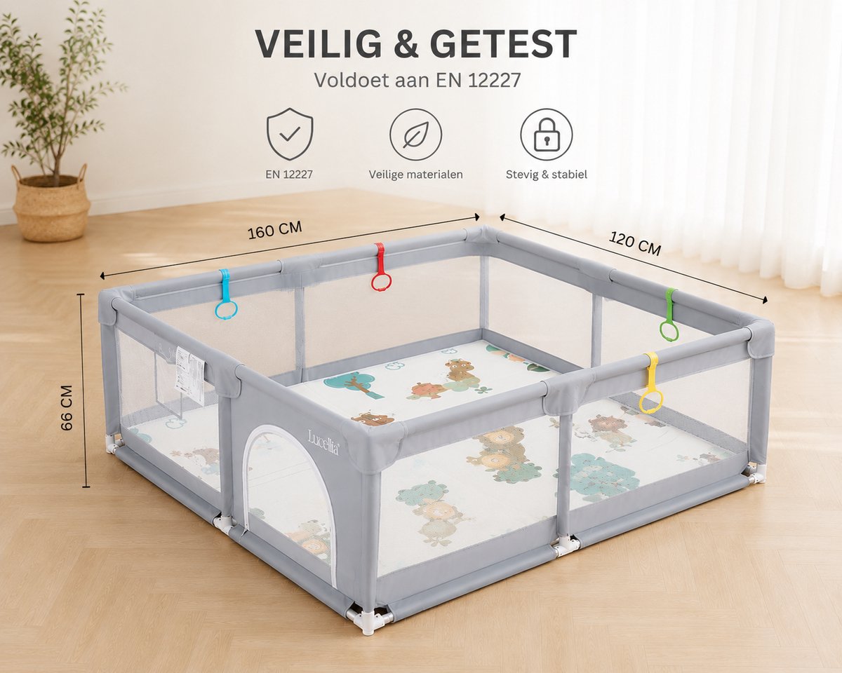 Lucellia® Grondbox Baby 120x160 cm – Speelbox met Dubbelzijdige Speelmat & 30 Speelballen – Kinderbox, Playpen & Baby Box – Draagtas – Licht Grijs – foto 8