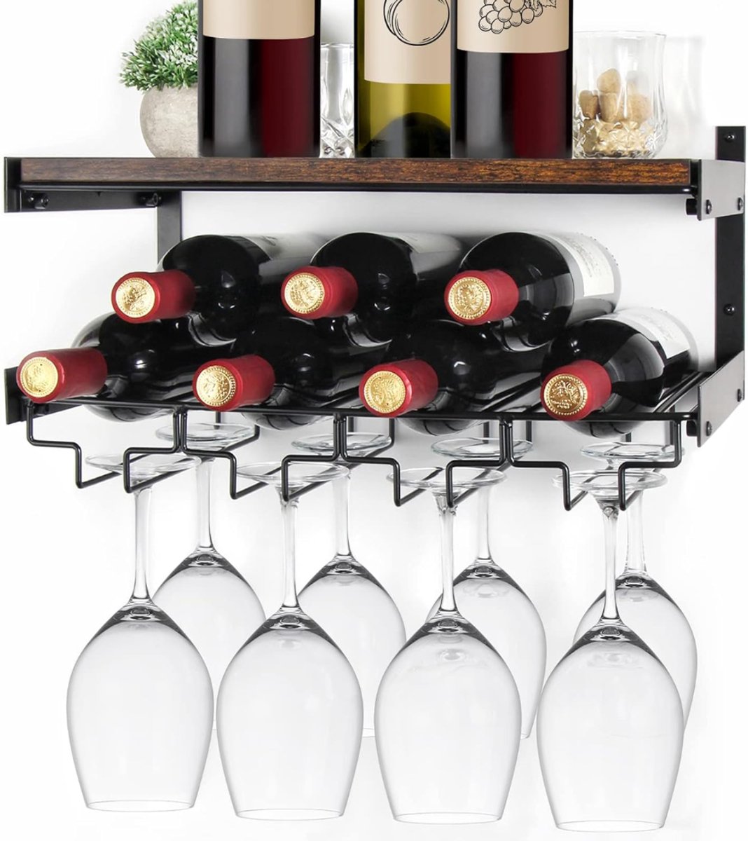 SNJY® Wijnrek Muur - Wijnrek Hangend - Wijnrek Industrieel - 25,3L x 42,5B x 19H cm - Bruin/Zwart