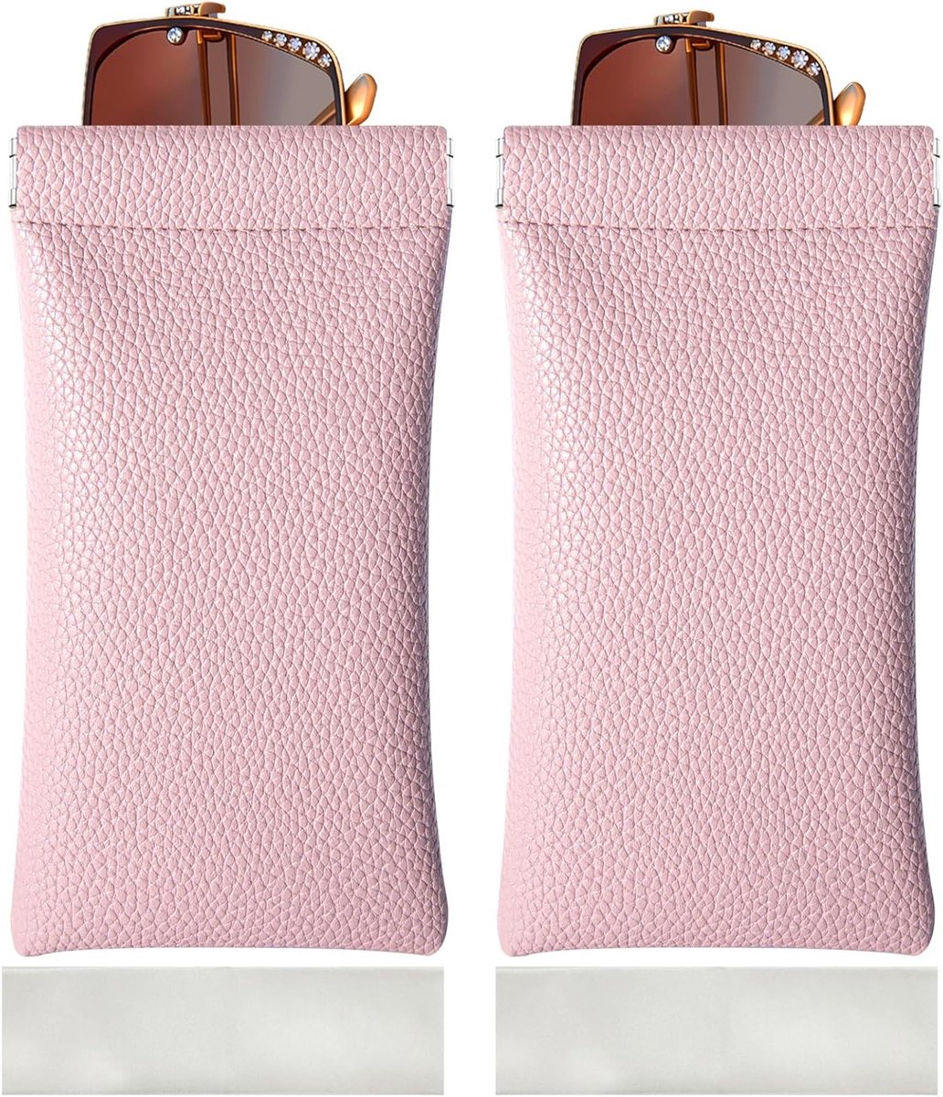 Set van 2 Draagbare Brilhoezen van Zacht PU Leer met Knijp Sluiting en Schoonmaakdoek voor Mannen en Vrouwen - Perfect voor Reizen en Bescherming van Je Bril