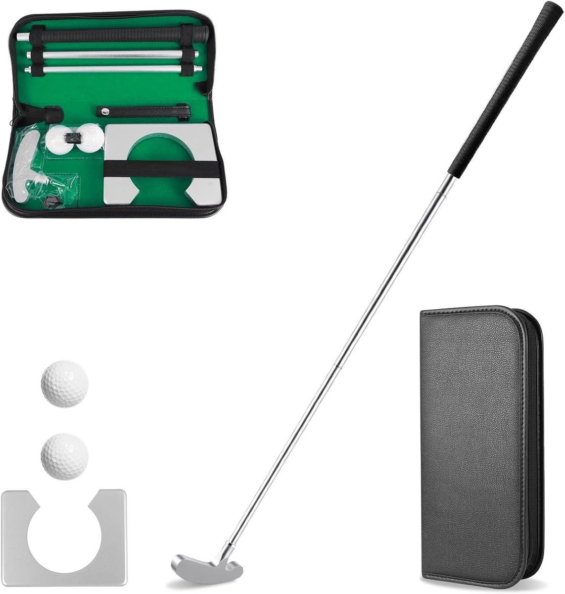 Complete Golfputterset voor Indoor Oefeningen - Afneembare Minigolfclubs met Doelstelling, 2 Ballen en Draagtas voor Volwassenen