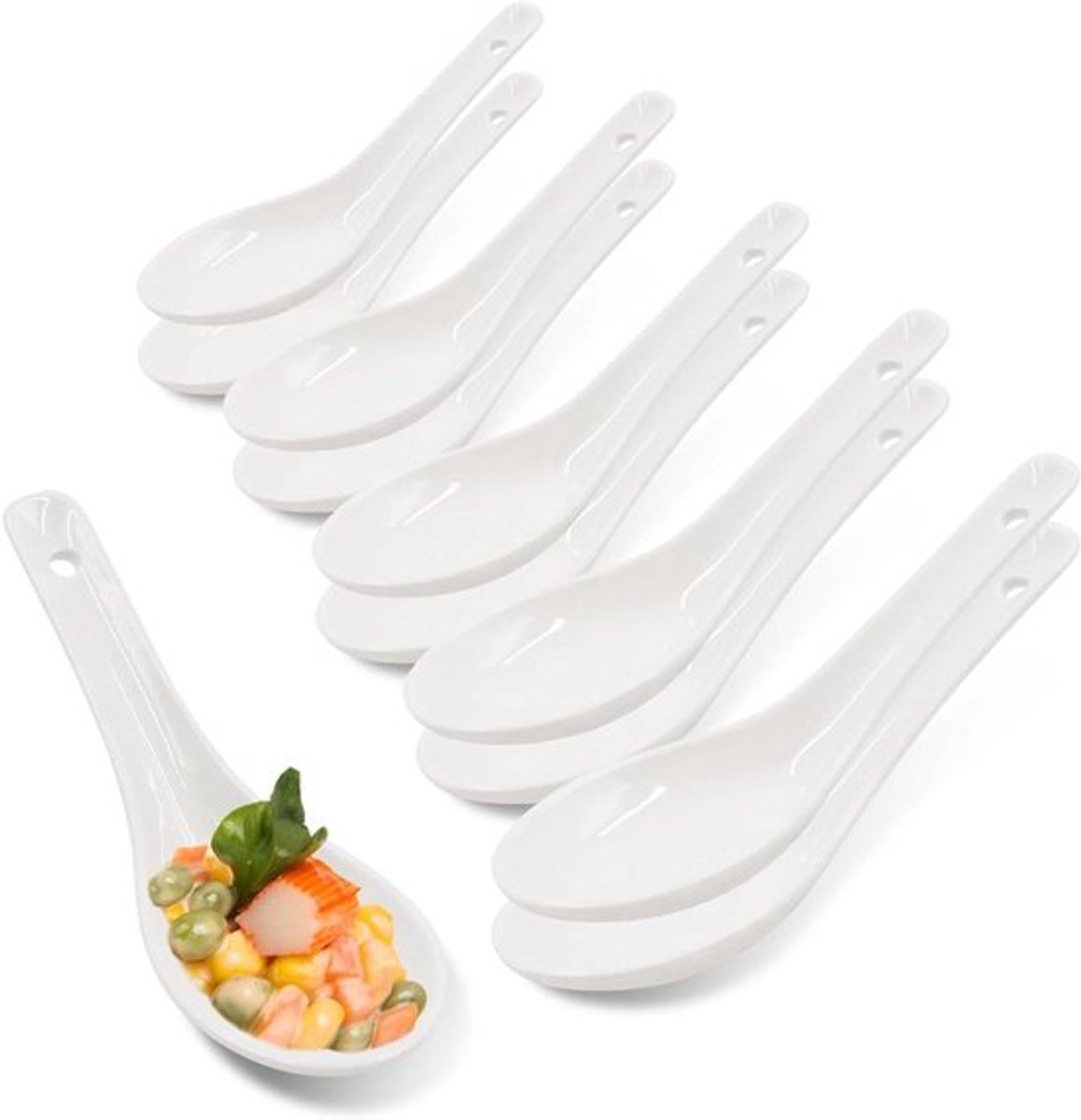 Set van 10 witte porseleinen soeplepels - Aziatische keramische lepels - Chinese soeplepels voor thuis, keuken en restaurant - 12,8 cm