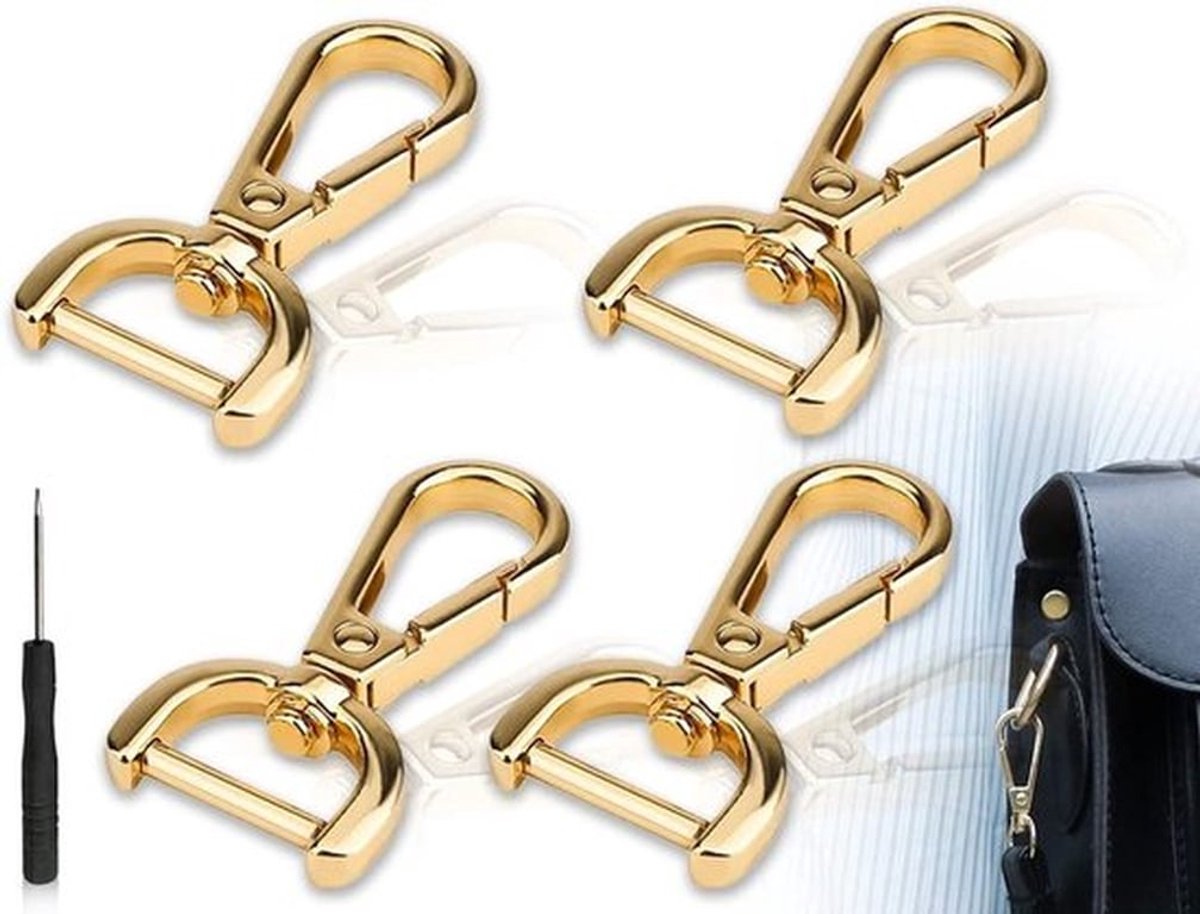 Karabijnhaken met draaischarnier, gouden D-ring voor portemonnee en handtassen - set van 4, inclusief schroevendraaier