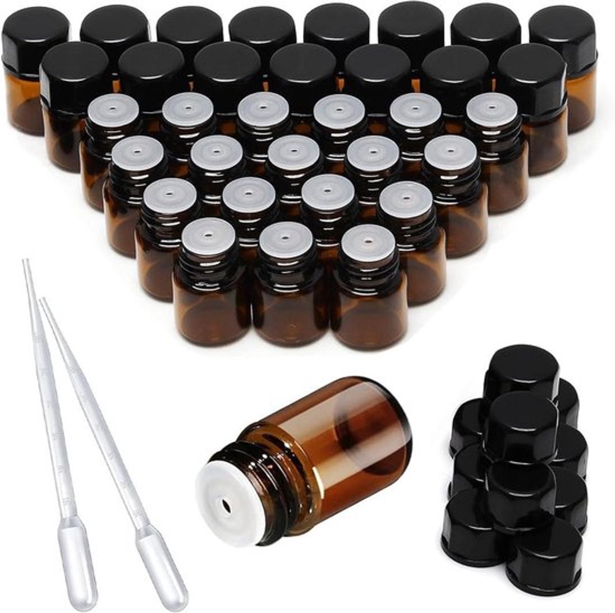 25 stuks bruine glazen flessen voor etherische oliën - 2 ml, met druppelaar. Perfect voor 