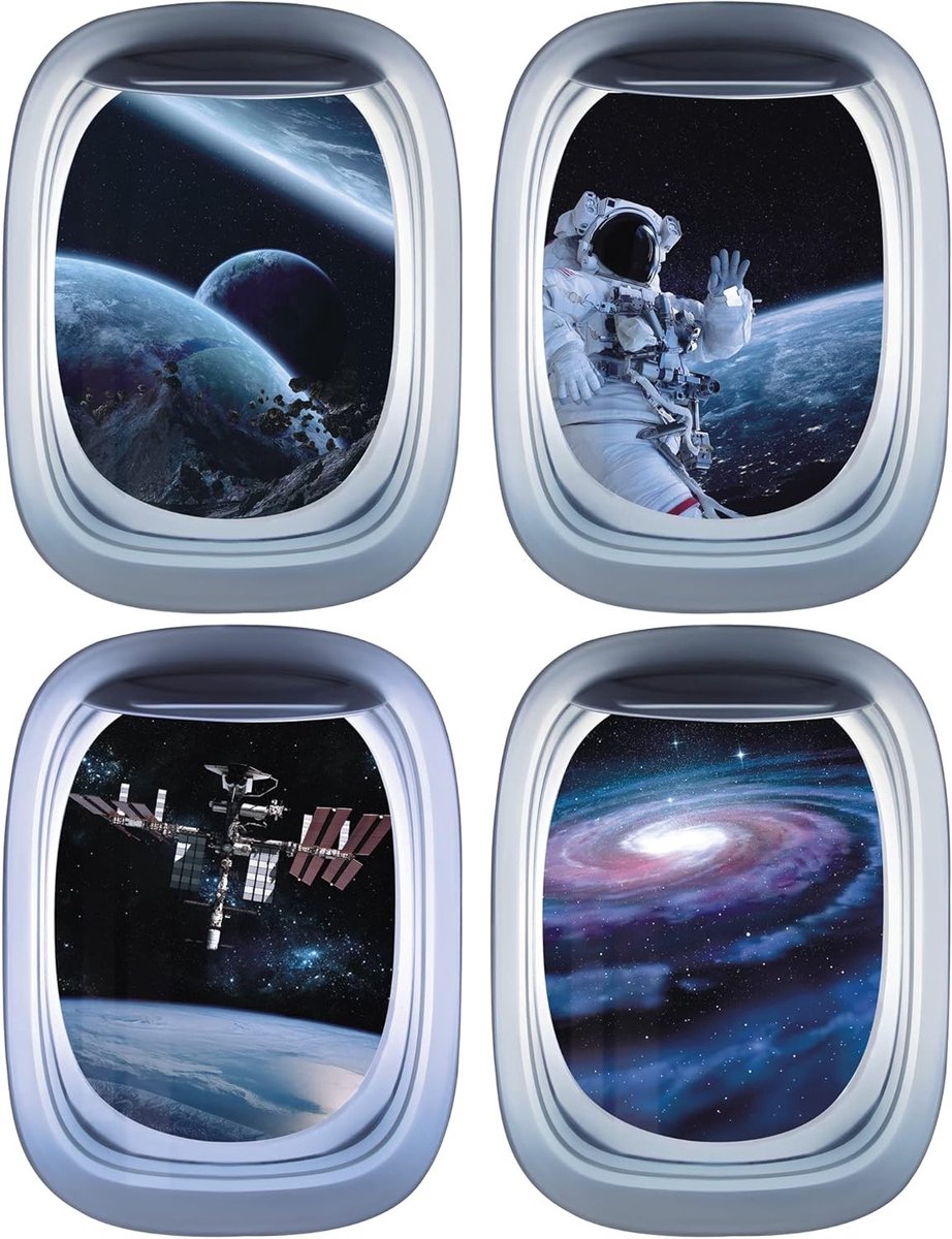4 Stuks 3D Porthole Muurstickers voor Kinderen, Ruimte Decoratie, Astronaut en Planeet Wanddecoratie voor Jongens en Tienerkamers, Galaxie en Universum Muurdecoratie voor Slaapkamer en Woonkamer
