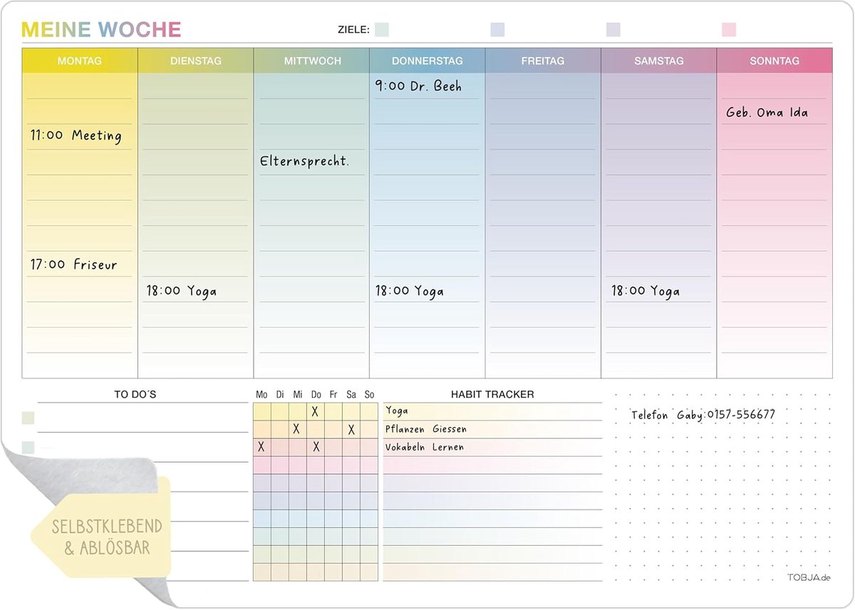 SnelShoppen - TOBJA Whiteboard A4, Wasbaar Zelfklevend Planner, 30x21 cm, Kleurvolle Weekplanner met To-Do Lijst en Gewoonte Tracker voor Muur en Koel
