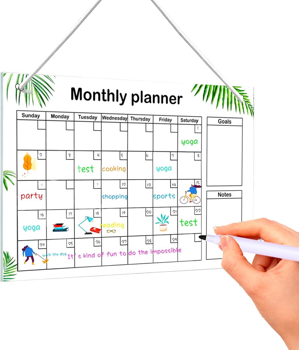 SnelShoppen - Maandplanner, Wasbare Acryl Whiteboard, Weekplanner voor Familie en Kantoor, Hangend met Nylon Koord, Wit, 30x20 cm, Herbruikbare Kalend