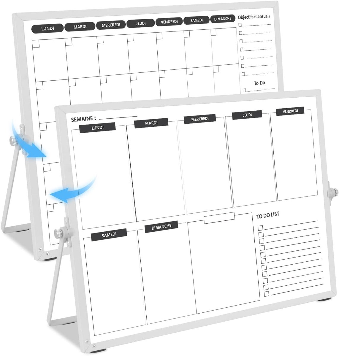 SnelShoppen - Dubbelzijdig Witbord Planner - Week- en Maand Planner in het Frans - Wasbaar en Met Stand - Ideaal voor Thuis, Kantoor en School