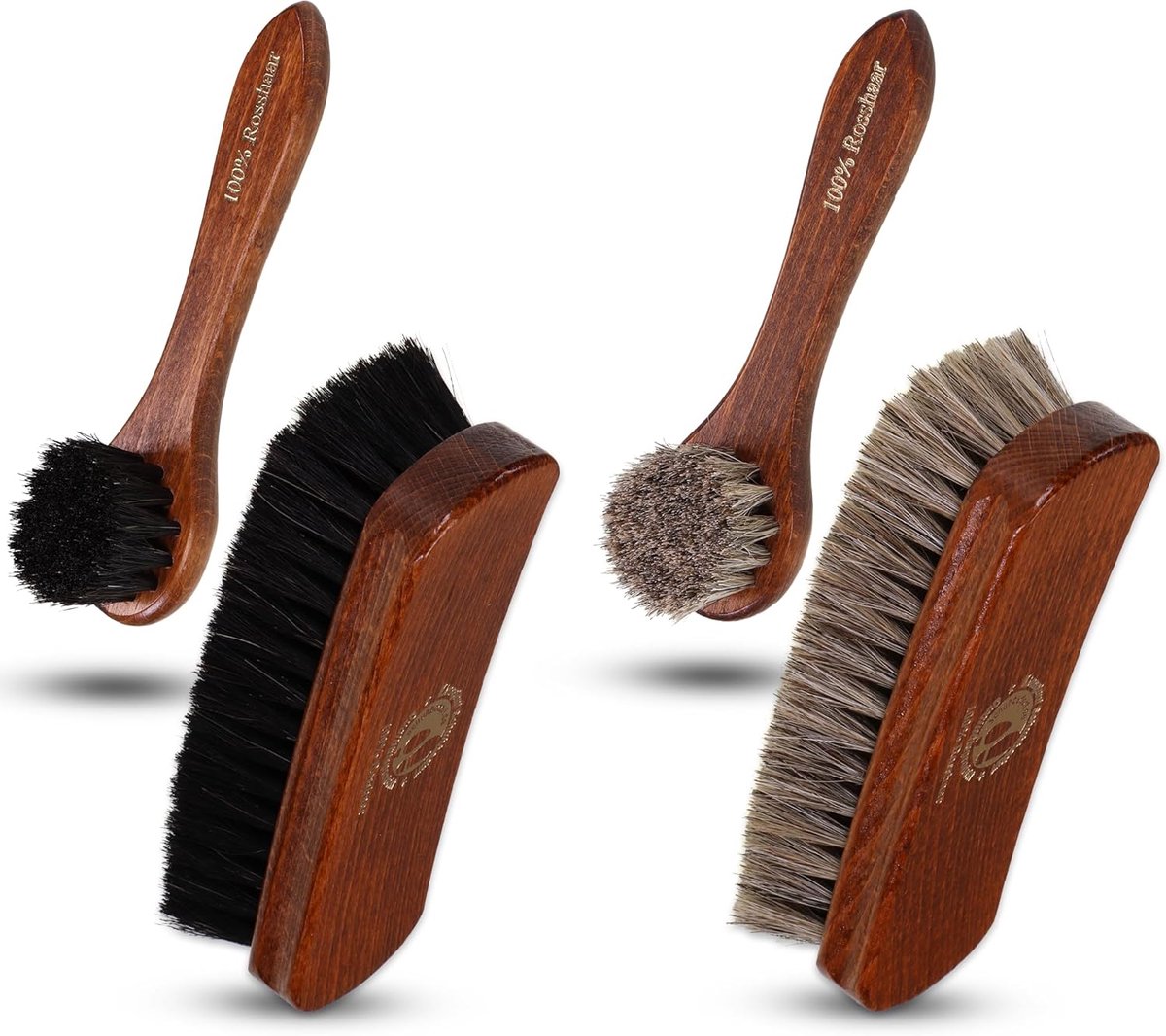 SnelShoppen - Langlauf Schoenborstelset van Paardenhaar - 4 Professionele Borstels met Gelakt Beukenhouten Handvat - 2 Glansborstels & 2 Frizzborstels