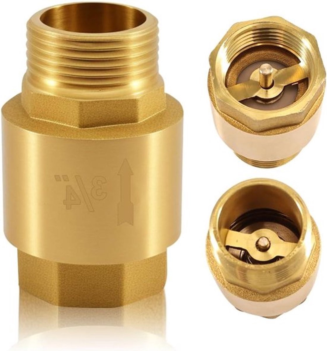 Messing terugslagklep DN20 met binnendraad en buitendraad, verticaal 3/4 inch, voor waterleiding en boiler