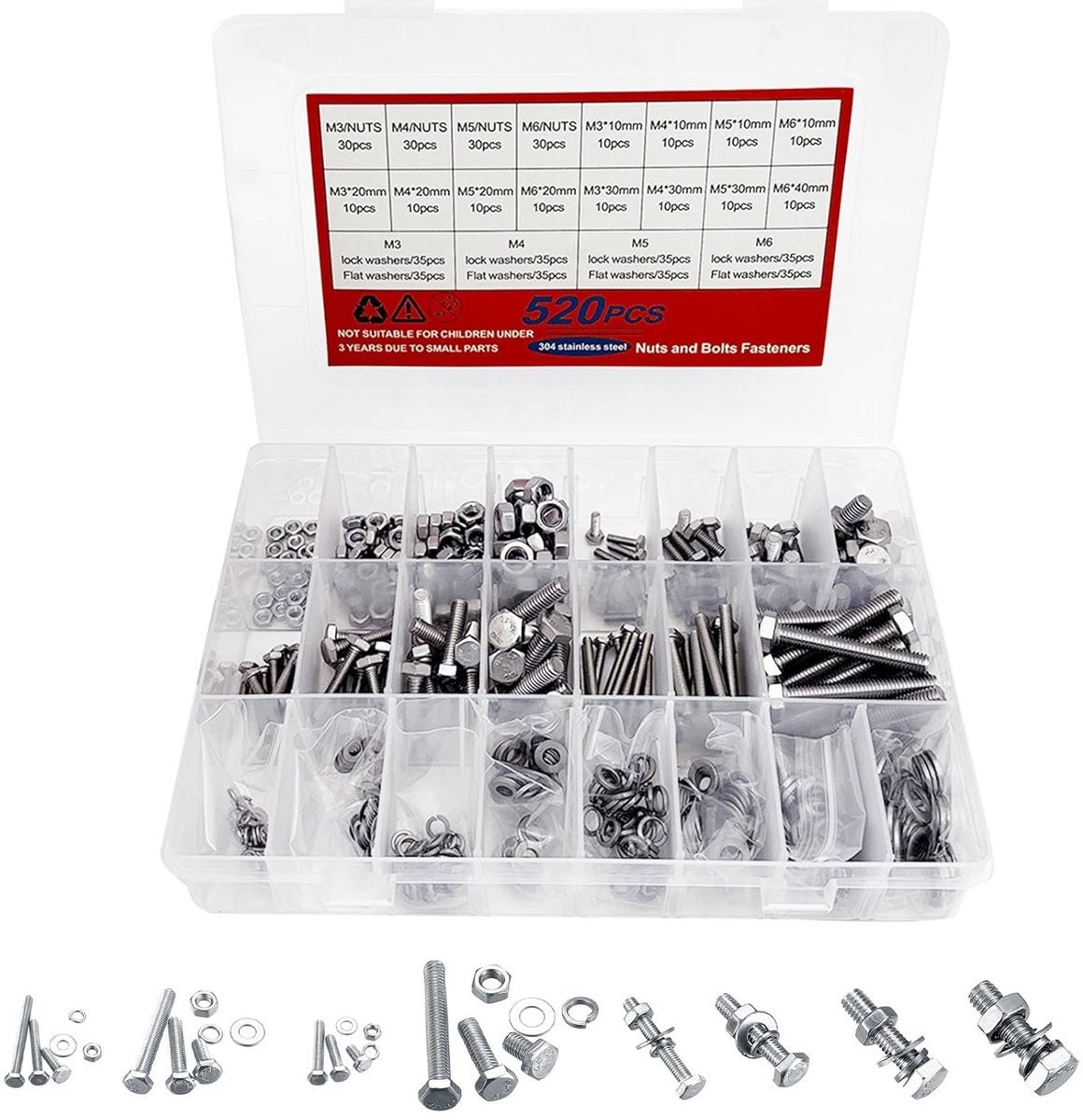SnelShoppen - Schroeven en Moeren Set 520 Stuks M3, M4, M5, M6 - Hex Schroeven, Moeren en Ringen Assortiment in Plastic Opbergdoos