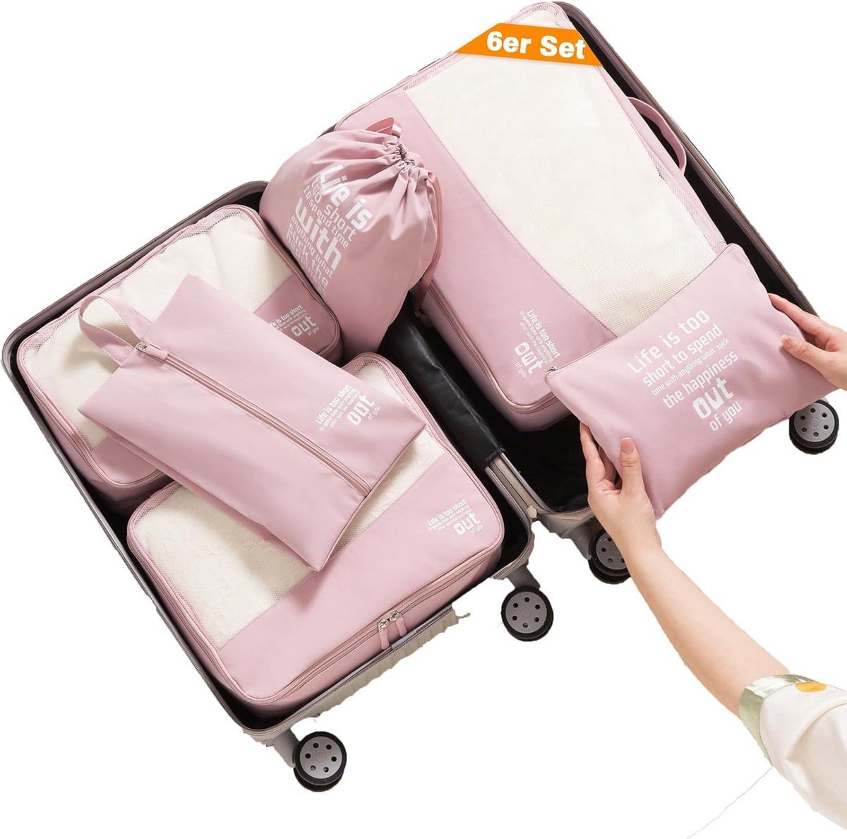SnelShoppen - Packing Cubes Set voor Koffer Organisatie - 6-delige Opbergzakken voor Kleding, Schoenen, Ondergoed - Reisaccessoire - Sakura Kleur