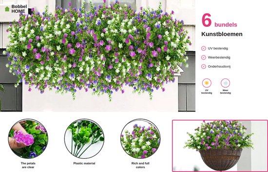 Kunstbloemen in 6 bundels met witte, roze en paarse bloemen en groene bladeren, UV- en weerbestendig.