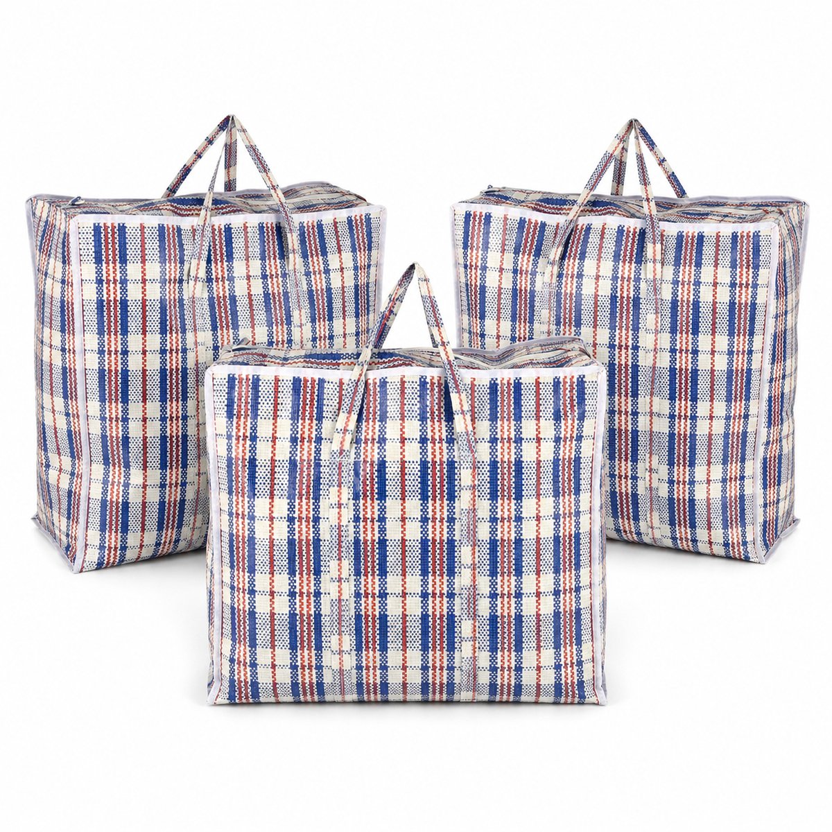 Opbergtas met Rits 45L – 3 Stuks Grote Opbergtassen voor Kleding, Wasgoed en Beddengoed – Big Shopper – Boodschappentas met Rits – Verhuistas – 45 x 50 x 20 cm – Blauw Wit Rood