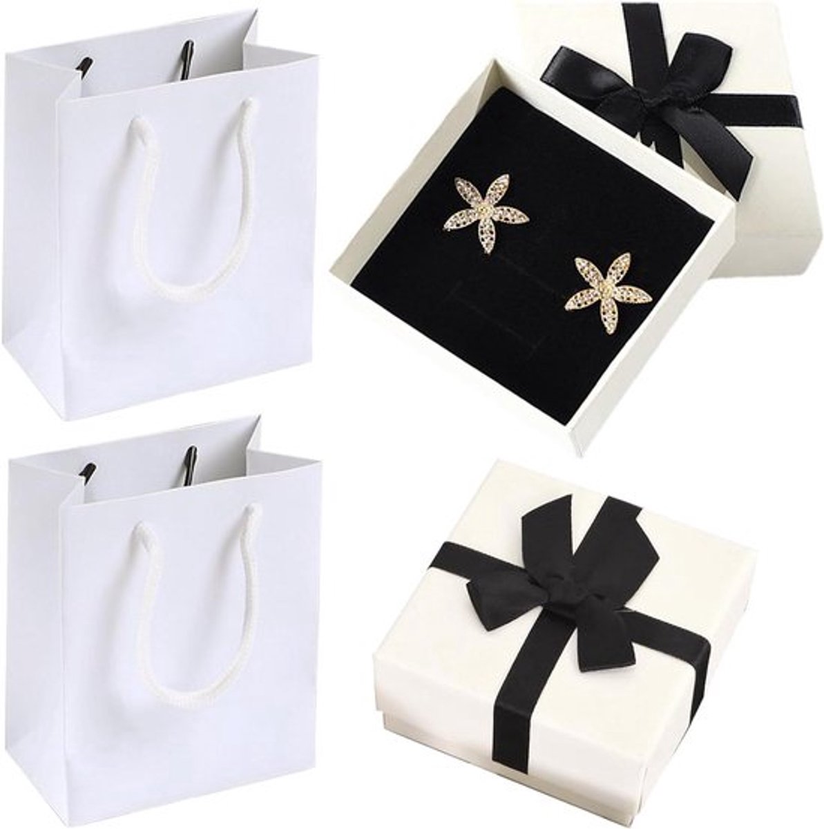 Set van 2 kleine geschenkdozen met deksel en strik, 7,5 x 7,5 x 3,5 cm - ideaal voor Pasen, Kerstmis, bruiloft en verjaardagvieringen - witte geschenkdoosjes met extra geschenkzakjes