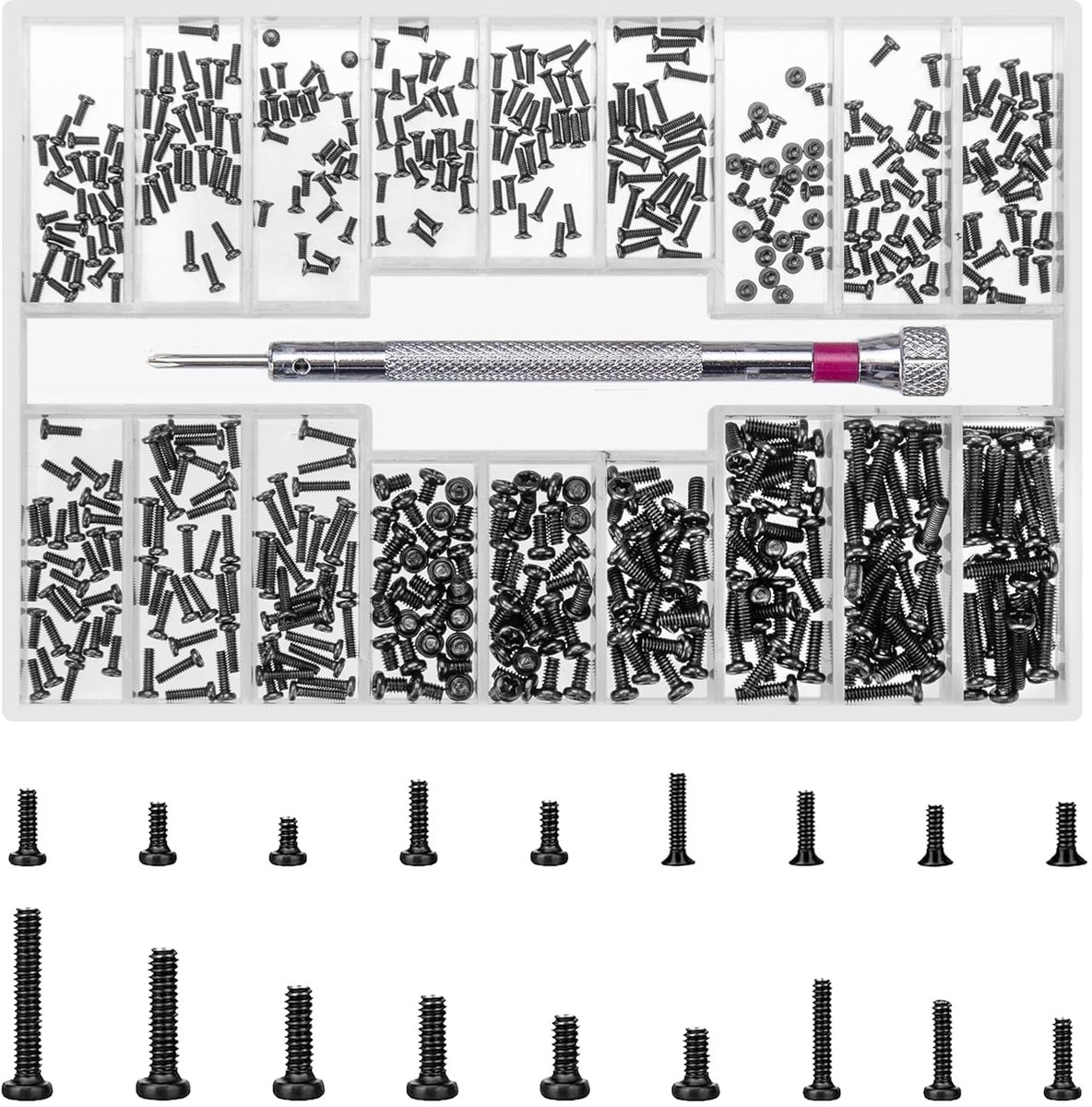 SnelShoppen - 500-delige Bril Schroeven Set M1.2/M1.4/M2, Kleine Micro Schroeven, Lenskop Schroeven, Laptop Bril Schroeven, Ronde en Vlakke Hoofd Repa