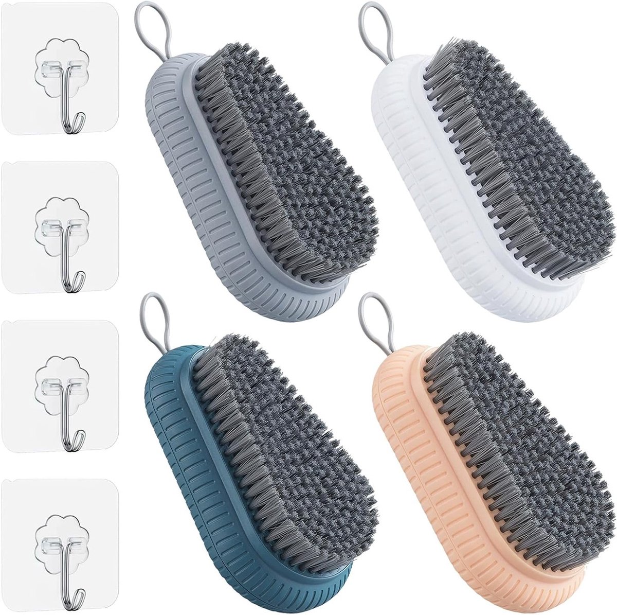 Set van 4 Handwasborstels met Ophangkoord en 4 Hechthaken voor Schoenen, Badkamer en Werkplaats