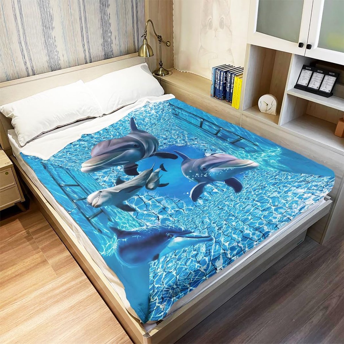 SnelShoppen - Dikke Zachte Warme Cozy Flanellen Fleece Dekentje met 3D Afbeeldingen van Schattige Dolfijnen en Golven 150x200cm Ideaal voor Bank, Kame