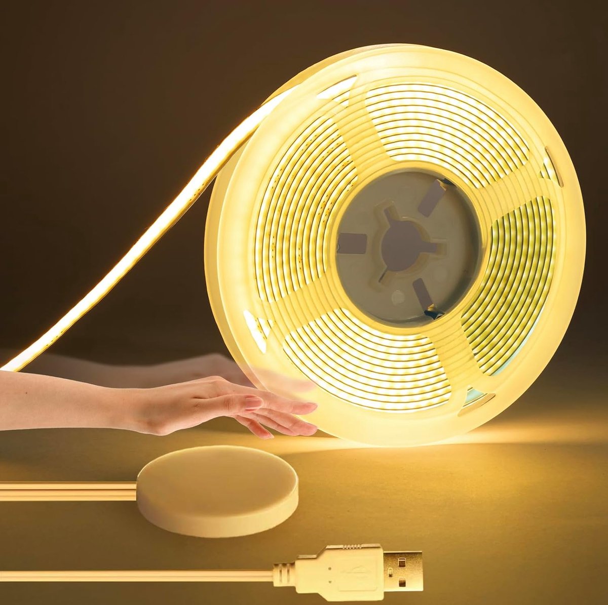 SnelShoppen - 5V USB COB LED Strip Licht, 3M Warmwitte Dimbare LED Strip met Touch Dimmer voor Wanddecoratie, Accoustische Panelen, Kasten en Sfeerver