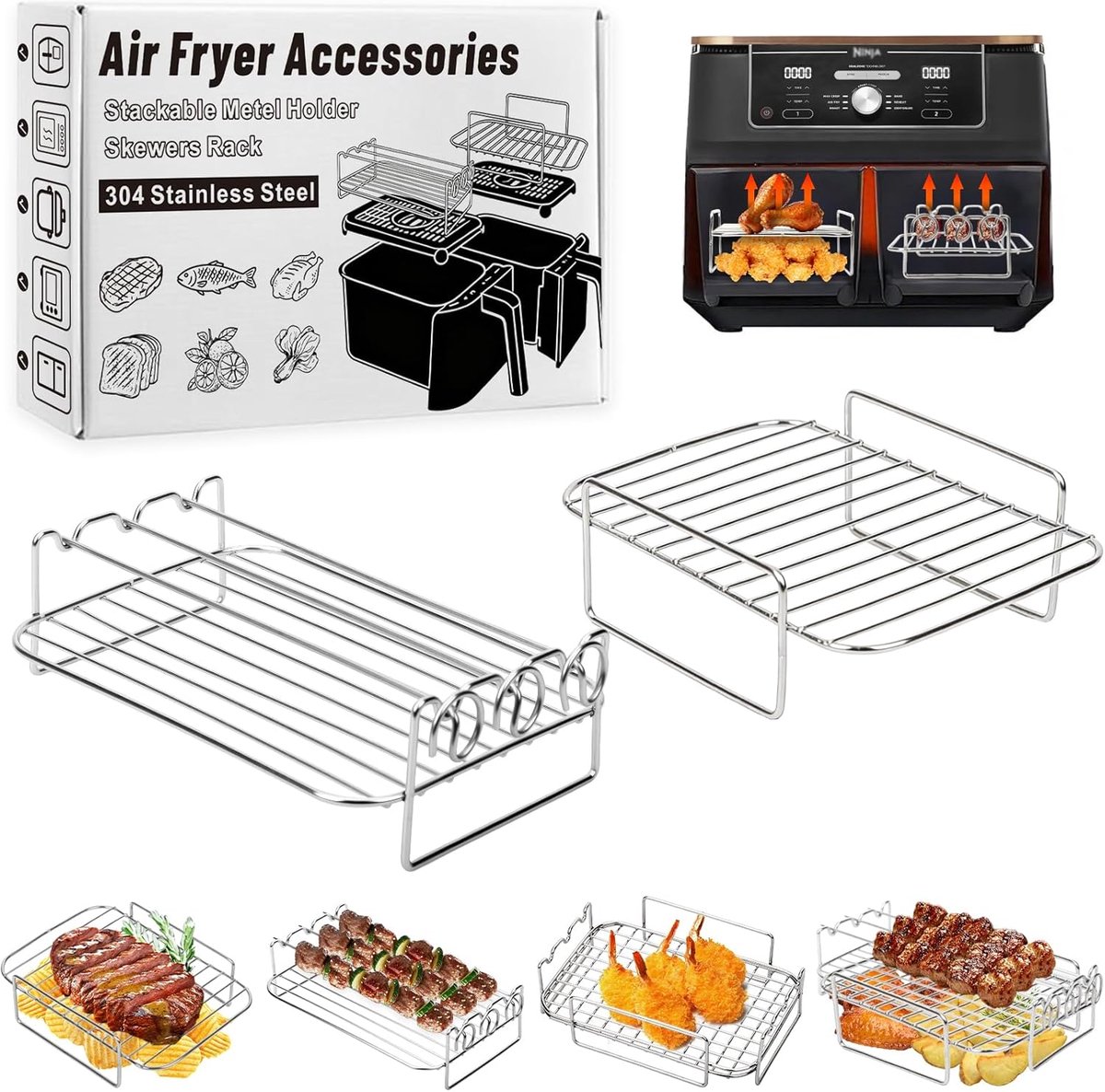 SnelShoppen Heteluchtfriteuse Accessoires Stapelbaar Grillrooster voor Dual Zone Airfryer 7 6L 10 4L Roestvrij Stalen Grill-inzetstukken voor Keu