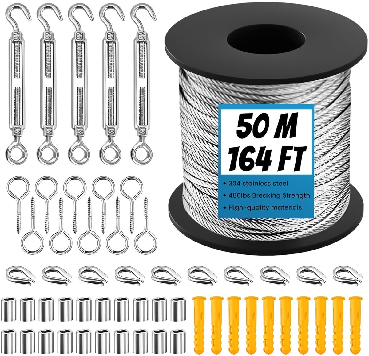 SnelShoppen - 50m 2mm Stalen Kabelset, RVS Koper Kit met Oogjes, Tensioner, Turnbuckle voor Tuin, Klapplanten, Gordijnen, Kledinglijn, String Lights