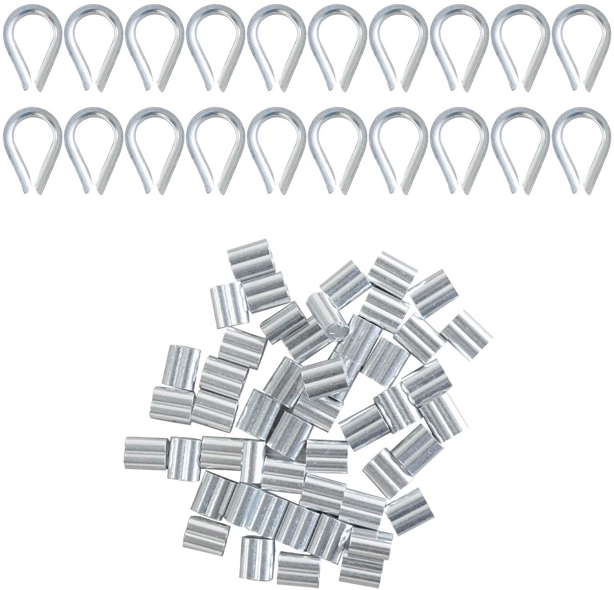 SnelShoppen - 20Pcs Draadkooi Thimble Set & 50Pcs Aluminium Krimp Loop Sleeve Clips met Dubbele Mouwen - Roestvrijstalen Draadklem Kabelklem Crimping
