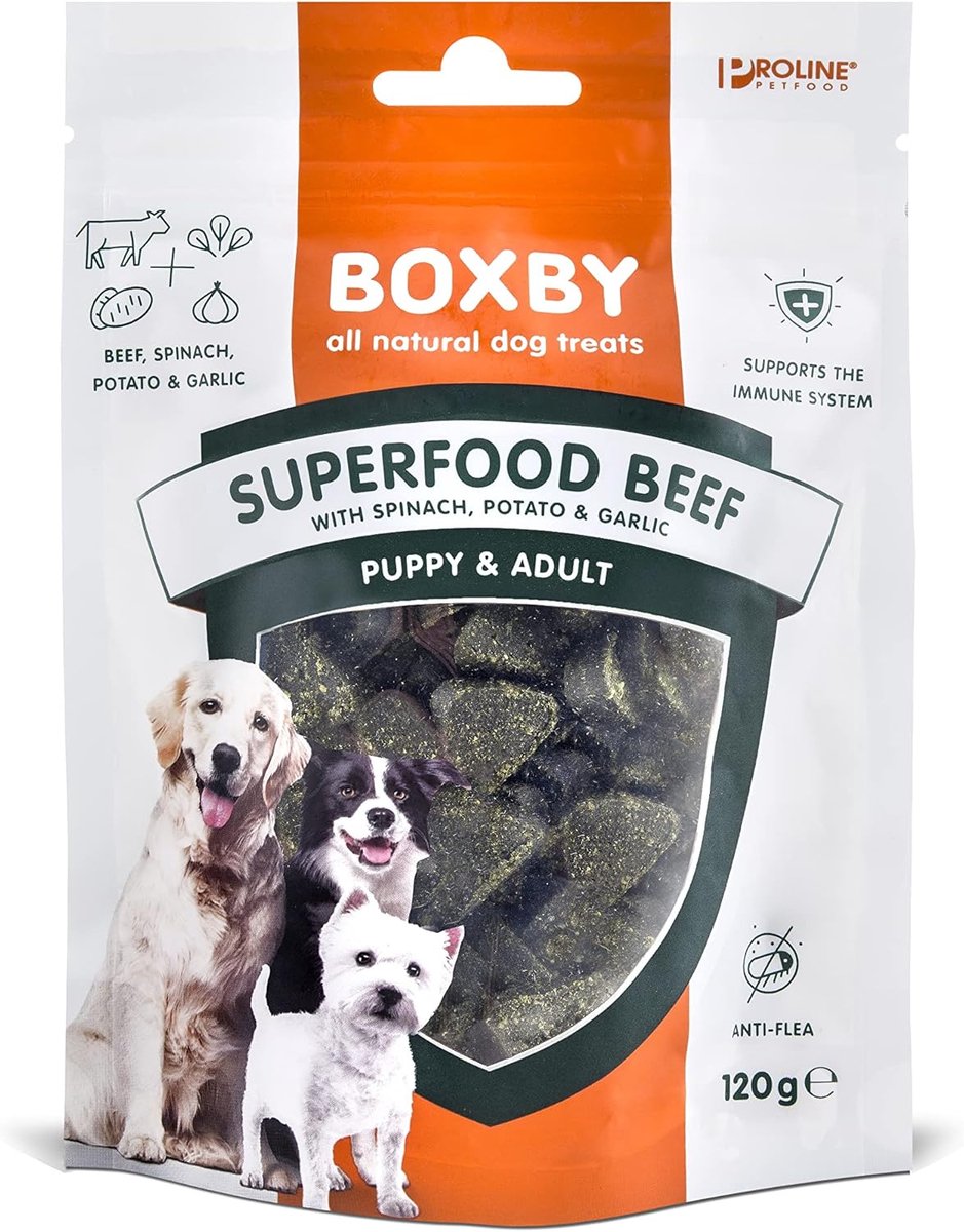 SnelShoppen - Boxby Superfood Snacks Rind Spinazie Knoflook 120g - Gezonde Hondensnacks met Runder, Spinazie en Knoflook, Natuurlijk & Eiwitrijk, Suik