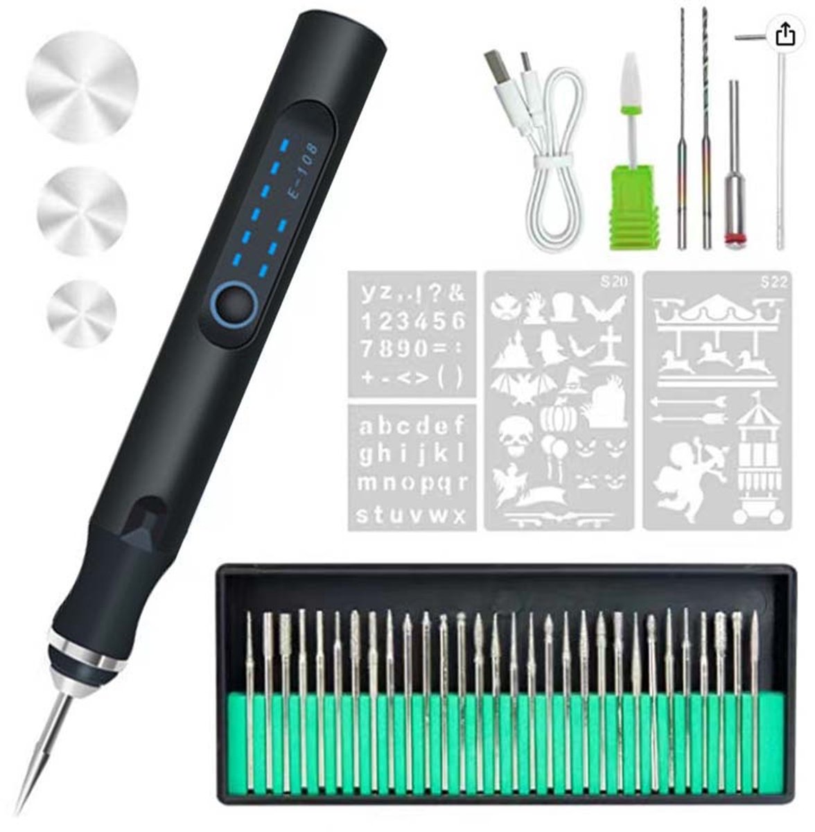 Elektrische Graveerpen - USB Oplaadbaar - 36 Bits - Verstelbare Snelheid Tot 18.000 rpm - Draagbaar Graveerapparaat voor Sieraden, Hout, Glas, Metaal - Donker grijs