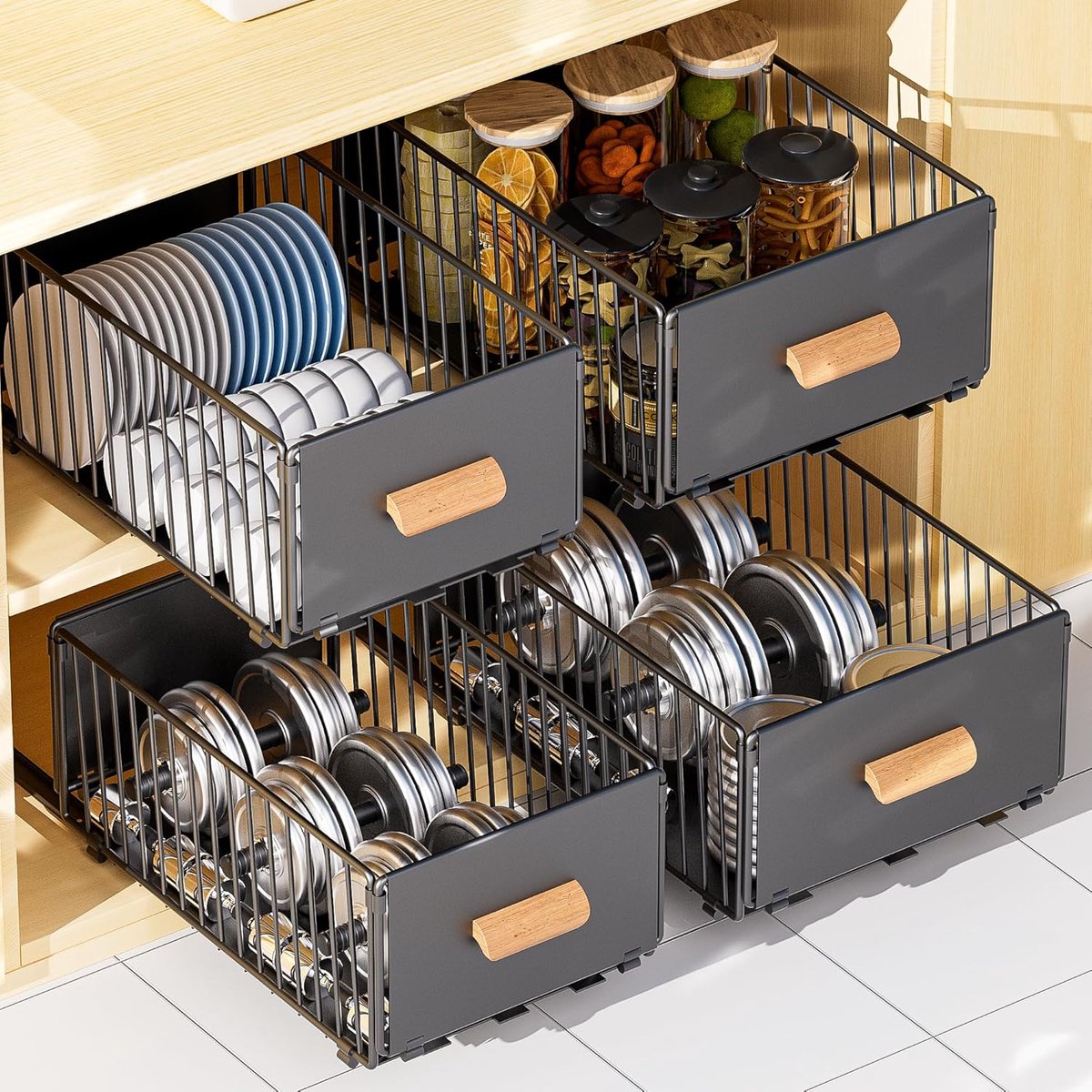SnelShoppen - 2 Stuks Uittrekbare Keukenlade, Keuken Kast Organizer, Geen Boren of Spijkeren Nodig, 25cm Breed, Zwart, Perfect voor Keuken, Kasten, Or