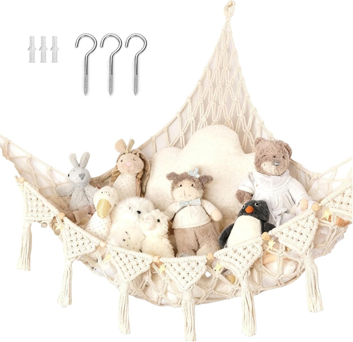 SnelShoppen - Hangend Knuffeldier Opbergnet, Boho Macrame Hammock, Handgeweven Katoen, Ruimtebesparende Speelgoedopslag voor Kinderkamer, Meisjes en T