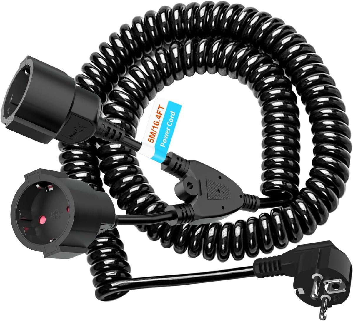 SnelShoppen - Extension Cable Spiral Line 1 naar 2 Geaarde Contacten, 5m Max, Stretchable, IP20, Dubbele Schuko Stekker, 3x1.0 mm², Zwart - Perfect vo