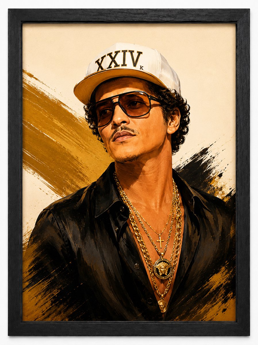Bruno Mars Poster | Art Style Muziek Poster | Inclusief Zwarte A4 Lijst