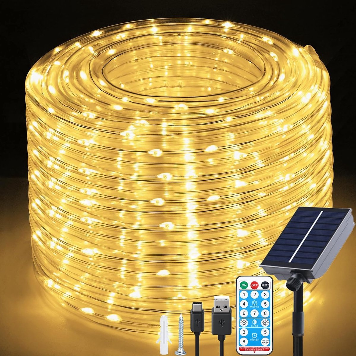 SnelShoppen - 66ft 200LED Solar Rope Lights Buiten Waterproof USB Tube Lights met 8 Modi en Afstandsbediening, Flexibel en Translucent voor Tuin, Brui