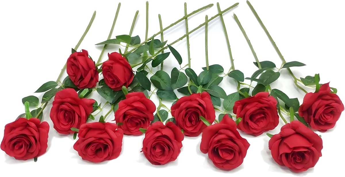 SnelShoppen - 12 Stuks Kunstmatige Rozen 53cm - Rode Langsteel - Realistische Bloemen voor Bruiloft, Thuis, Tuin, Woonkamer, Hotel, Kantoor Decoratie