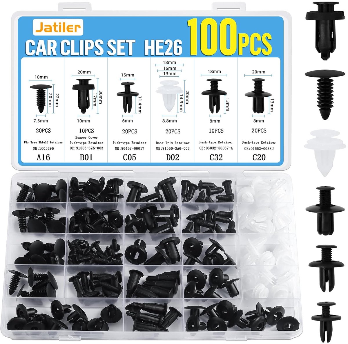 SnelShoppen - Body Clips Set 100 Stuks, Universele Plastic Klemmen, 6 Types, Voor Auto, Motor, Bumper, Deurtrim, Vervangingsset, Duurzaam Nylon