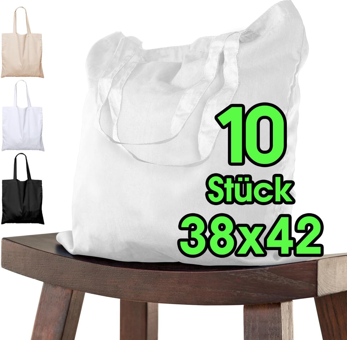 SnelShoppen - Cotton collection bags 38x42 cm - 10 stuks witte tasjes voor kinderen met korte handvatten - OEKO-TEX gecertificeerd katoen, stevige sto