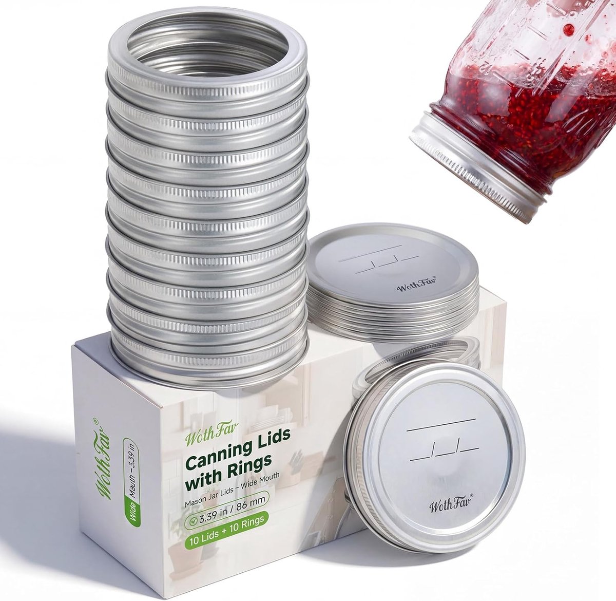 SnelShoppen - Mason Jar Lids Wide Mouth, Airtight Leakproof Food Storage Lids, 10 Stuks, Geschikt voor Elektrische Vacuum Machines, 86mm, Keuken Acces