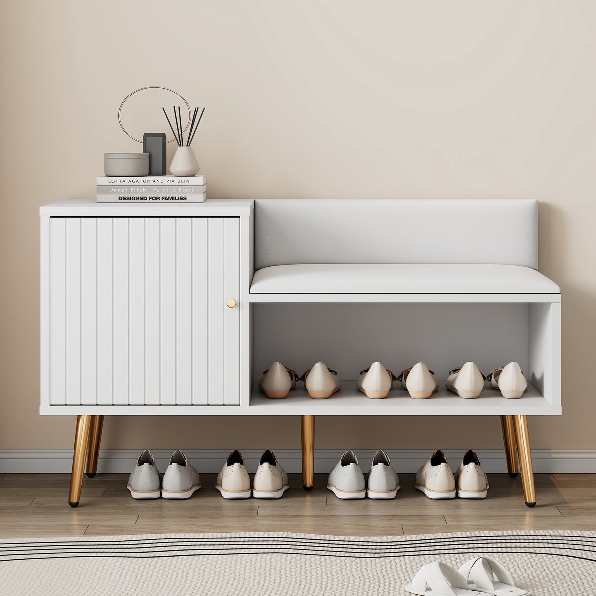 COVREO Schoenenkast 100x40x58 cm - wit, met rugleuning, zitkussen en metalen poten