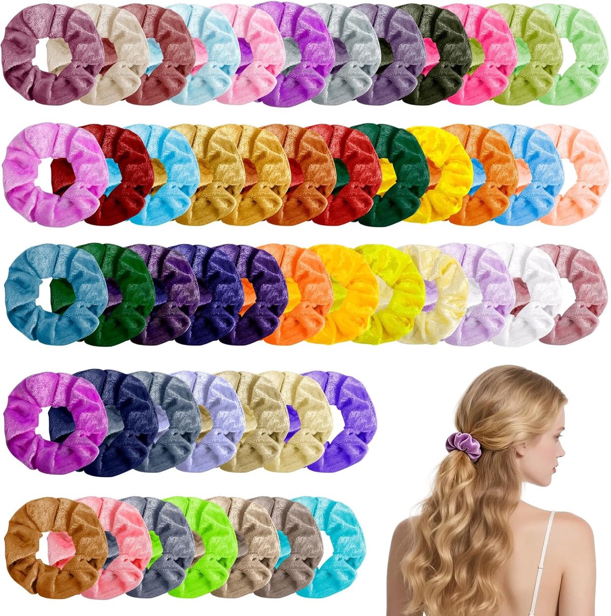 SnelShoppen - 50 Stuks Velvet Scrunchies - Kleurige Haarbanden, Zachte Elastische Haren Accessoires voor Vrouwen en Meisjes, Inclusief 1 Opbergzak voo